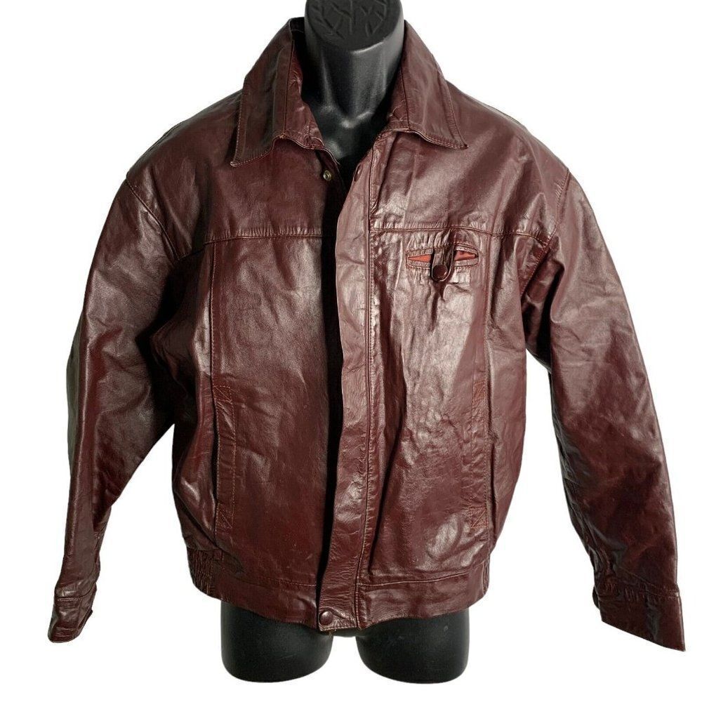 Vintage 70s 80s Leather Bomber Jacket L Maroon Red Zip Snap Elastic Waist